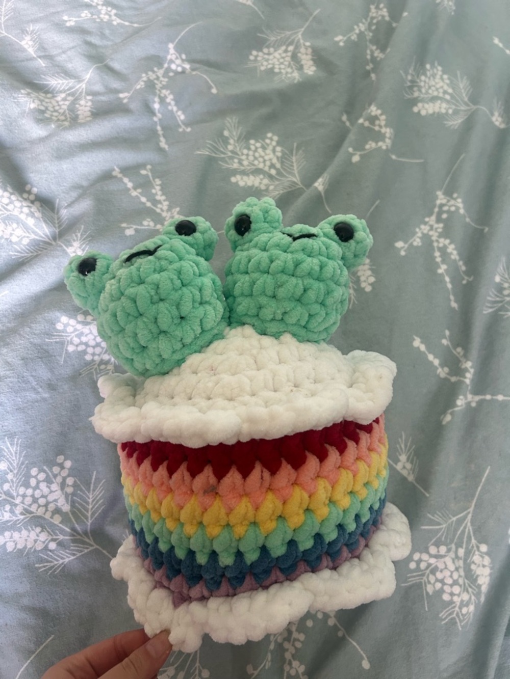 Handmade Plush Rainbow Cupcake with Frog Toppers